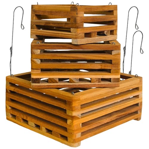 DESQUIGGLE Set of 3 Strong Wooden Orchid Baskets with Hangers Vanda Baskets for Outside