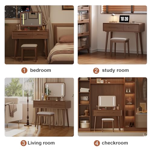 Image of KungFuWood Solid Wood Vanity Desk with Mirror and 3 Lighting Modes,Makeup Vanity Adjustable Height with 3 Drawers,Easy Assemble Vanity Table,Dressing Table for Bedroom