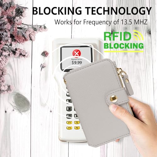 Image of M-Plateau RFID Blocking Keychain Wallet With Leather Wrist Strap | Keychain Wristlet, Womens Card Holder with Zipper Coin Pocket and ID Window (Beige)