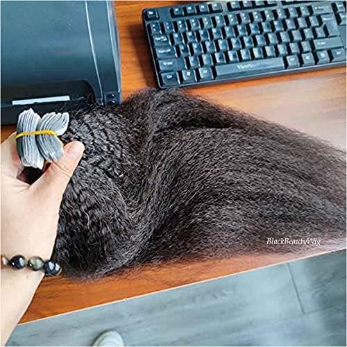 Tape in Human Hair Extension Kinky Straight Brazilian Remy Hair Tapes on Coarse Italian Yaki Skin Weft Tape Human Hair Extension 40pcs 100g (14nch 40pieces, #Natural Black)