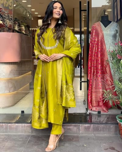 Image of Yashika Women's Silk Blend Jacquard Kurta and Pant with Dupatta Set and Khatali Work Suitable For Every Indian Occasion