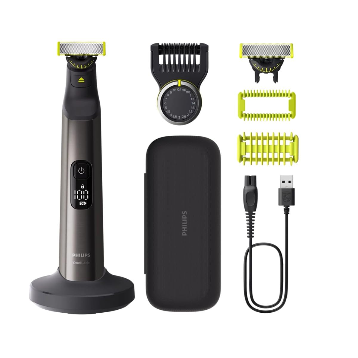 Philips OneBlade Pro 360 Authentic Face & Body Electric Beard Trimmer, Shaver and Bodygroomer, 2X 360 Blades, 1x 14-Length Comb, 1x Body Kit, 1x Charging Stand, 1x Travel Case, QP6652/30