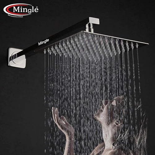 Image of Mingle Shower Head | Shower with Sqaure Arm | 304 Stainless Steel | Overhead Shower | Shower Head For Bathroom | Wall Mounted Overhead Shower | Rain Shower Head (6X6 + 12 INCH SQ ARM)