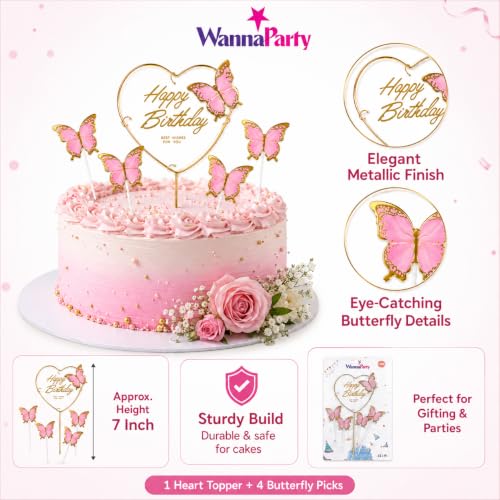 Image of Wanna Party Happy Birthday Cake Topper with Pink Butterflies, 5 Pcs Butterfly Cake Decoration Set for Birthday Cake, Cupcake, Dessert Table, Party Decor & Celebration Supplies