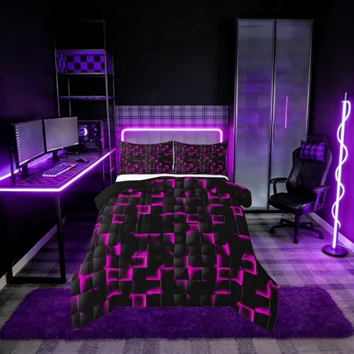 Image of Erosebridal Neon Black Purple Comforter Set King Violet Geometric Checkered Bedding Set for Kids Teen Adults Gaming Room Decor,Abstract Ombre Plaid Comforter Grids Quilt Duvet