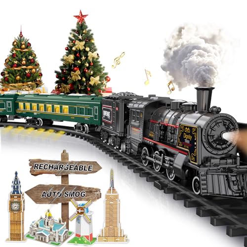 Image of Electric Train Sets for Boys Girls Metal Alloy Christmas Trains Toys Steam Locomotive, Passenger Carriages, Tracks, Light & Sounds Rechargeable Birthday Gifts for Kids 3 4 5 6 7 8 + Years Old Green 