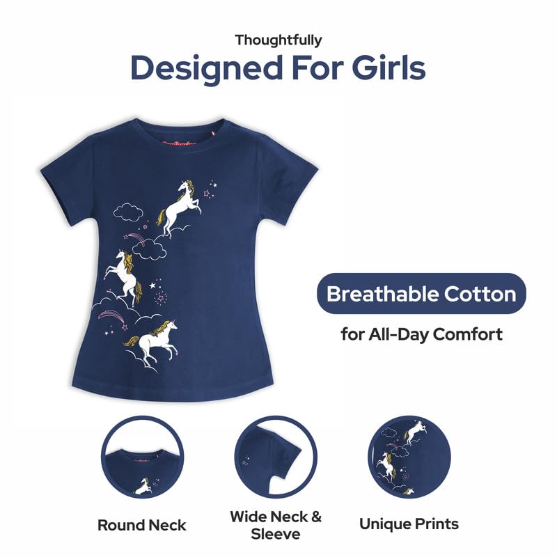 Image of Real Basics Cotton Regular Fit Half Sleeve Cotton T-Shirts for Girls - Round Neck Tops for Girl, Multicolor - Pack of 3