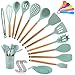 Utensilios Cocina de Silicona,14 Piezas Utensilios de cocina,Antiadherente con Mango de Madera,Resistentes Al Calor Utensilios De Cocina,espátula,cuchara,cucharón,5 cucharas de medir y ganchos