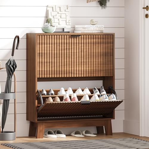 Image of Shoe Cabinet Storage for Entryway with 2 Flip Drawers, Fluted Narrow Shoe Organizer with Wooden Legs, Freestanding Slim Shoe Storage Hidden Shoe Rack Organizer for Front Door Entrance, Walnut