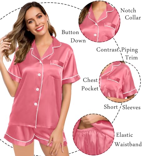 Image of LecGee Womens Silk Satin Pajamas Short Sleeve Loungewear Two-Piece Sleepwear Button-Down Pj Set