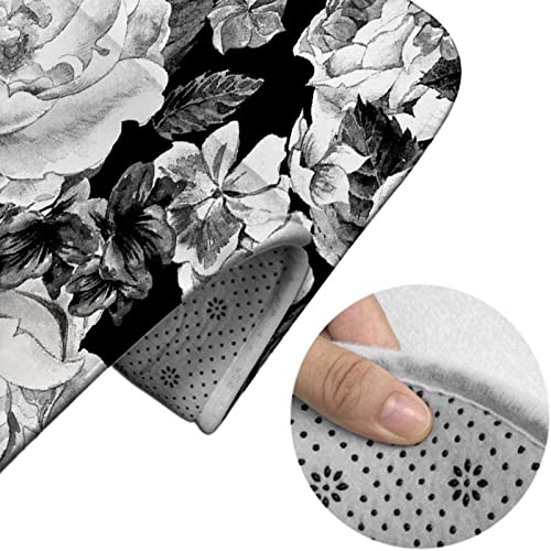 Badezimmerteppich-Set, 3-teilig, Aquarell, Blumen, Monochrom, Vintage, waschbare Badeteppiche, rutschfest, mit Rückenpolster, Konturteppich und Toilettendeckelbezug – Bild 5