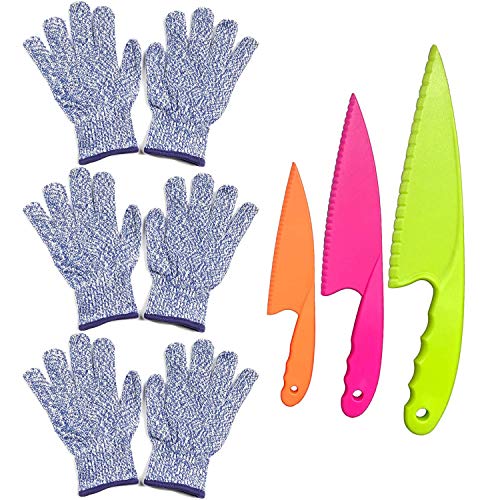 POCOMOCO 3 Pairs Kids Cut Resistant Gloves (Ages 5-12) for Cooking, with 3 Pieces Kids Safe Knife, Cooking Protection Safe Hands from Knives Kitchen and Tools Cut Level 5 Protection (Blue)