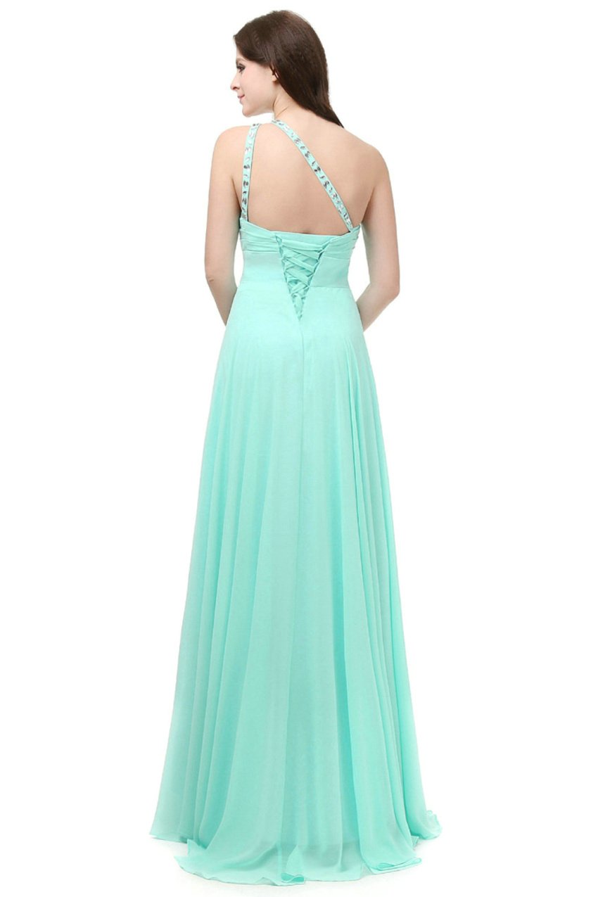Vestido formal de noche para mujer, con un hombro, de gasa, para bailes, damas de honor, verde jade, 40