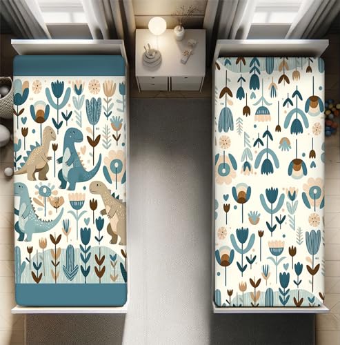 Ambesonne Dinosaur Fitted Sheet Set, Scandinavian Flower Ornaments with Dino Art Neutral Modern Cartoonish Print, 2 Pack Comfortable Bedding All-Round Elastic Pocket, Twin Size, Blue Tan Brown