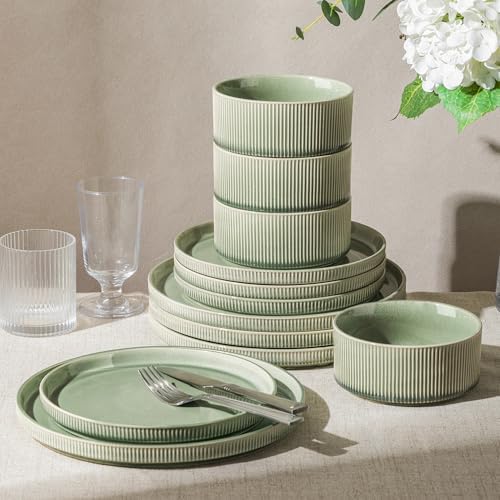 GBHOME 12-Piece Stoneware Dinnerware Set for 4 – Ribbed Ceramic P...