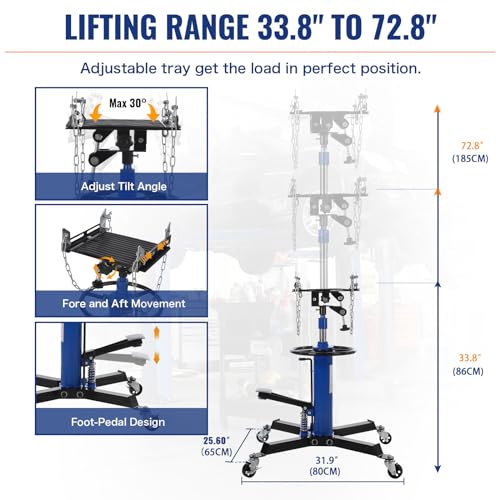 Image of Heavy-Duty Hydraulic Transmission Jack 1100 Lbs with 2-Stage Adjustable Telescoping Lift, Foot Pedal Control, and 360 Swivel Wheels for Garage and Workshop Use