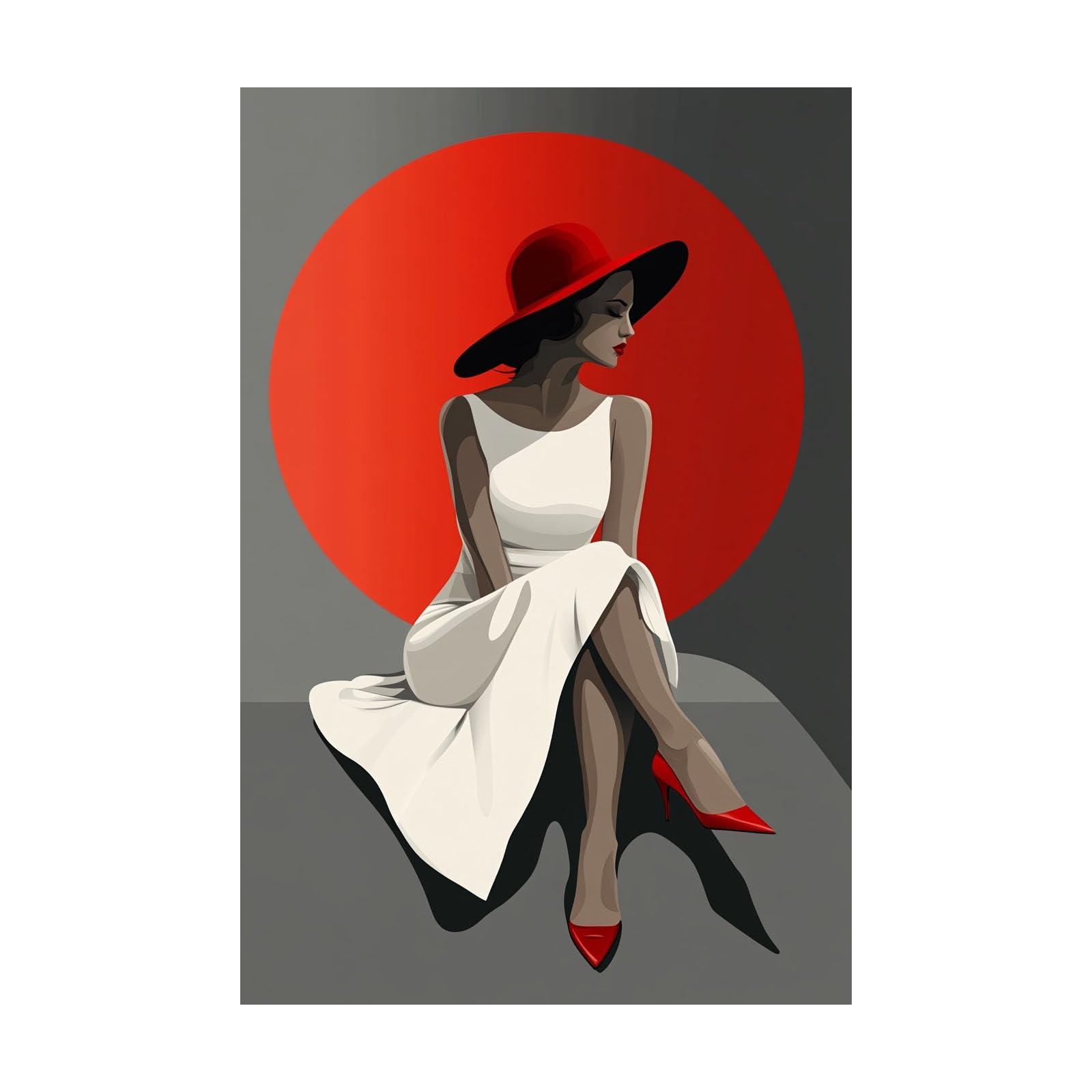 TERUEA Glamorous Art Deco Inspired White Dress Red Hat Woman Women Wall Art Canvas Artwork Canvas Art Home Decor Home Wall Decor(Red)-70x100cm Unframed