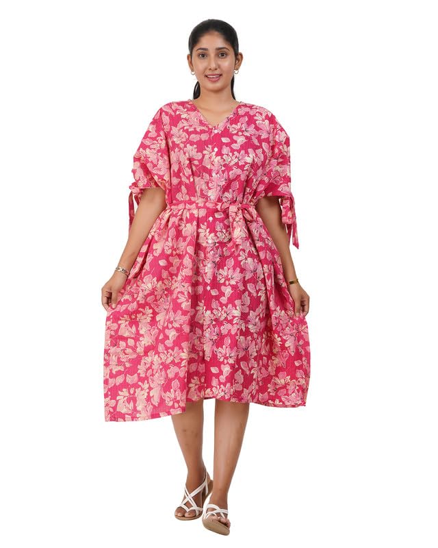 Image of MENMAII Oversized Cotton Full Button Dress for Women | Loose Fit with Fancy Sleeve Tie-Ups & Waist Tie-Up | Comfortable Casual Calf Length [Size : One Size fits Upto 3XL]