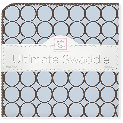 SwaddleDesigns Ultimate Winter Swaddle, X-Large Receiving Blanket, Made in USA, Premium Cotton Flannel, Brown Mod Circles on Pastel Blue (Mom's Choice Award Winner)