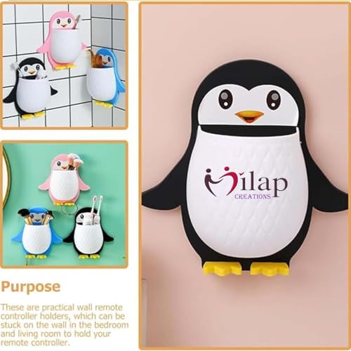 Image of Plastic Penguin Shape Wall-Mounted Toothbrush Holder, Self-Adhesive Plastic Bathroom Organizer, Multipurpose Storage Shelf for Kids & Adults (Multicolor Pack 1)