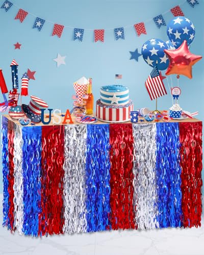 Glavatrix 2 Pack 4th of July Table Skirt, Red White and Blue Wavy Metallic Tinsel Foil Fringe Curtain Tablecloth, Streamer Backdrop Party Decorations for Patriotic Parties Supplies (2 PACK)