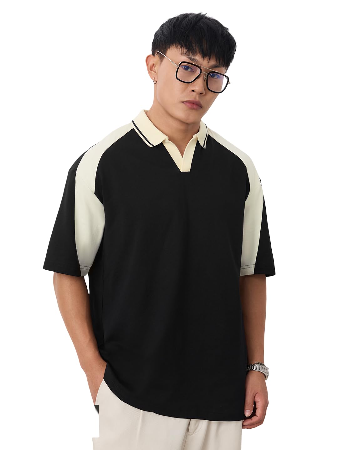 the souled store Colourblock Polo: White and Black Men and Boys Short Sleeve Collared Neck Cotton Heavy Gauge Casual Lightweight All-Season Oversized Polos-picture-40