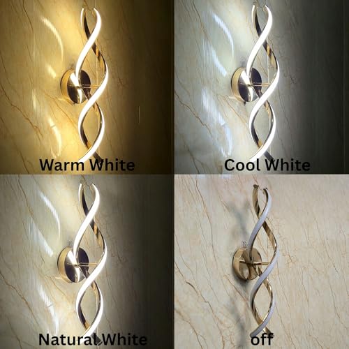 Image of Modern Double Spiral LED Wall Light, Golden Metal Wall Lamp for Home with 3 Color Modes, Warm White, Cool White, Natural White, Decorative Lighting, Pack of 1
