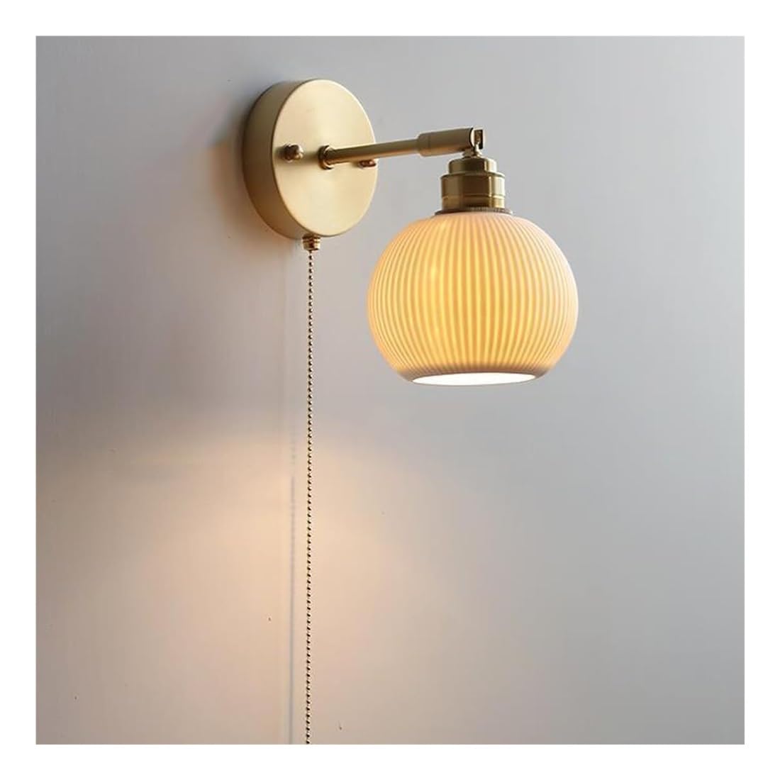 HPTHLY Vintage White Ceramic Wall Sconce Mid Century Brass Adjustable Arm Wall Light Pull Cswitch Nordic Farmhoused Hallway Wall Mounted Lamp Fixtures Bedro(Round)