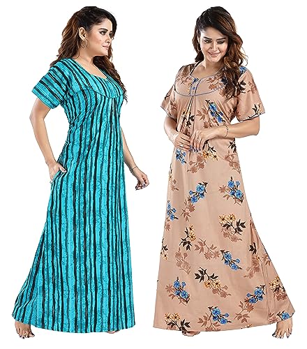 Image of YKI Women's /Girls Cotton Fabric Beautiful Print Nighty /Nightgown /Nightwear /Nightdress with Pocket (Pack of 2)