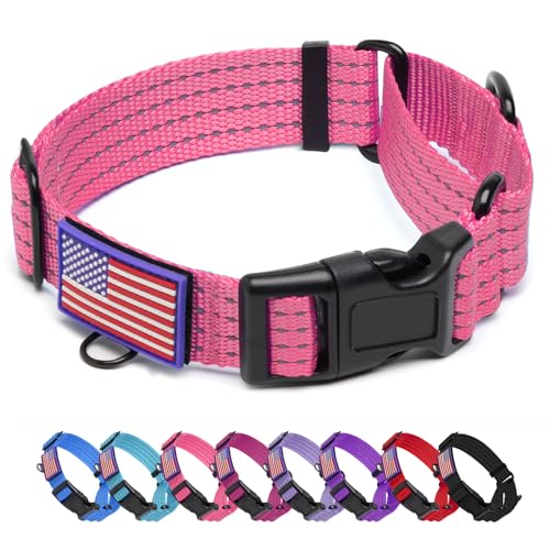 Image of Martingale Dog Collar Reflective NO Pull with USA Flag, L,Pink | Escape Proof without choking,Adjustable Limited Slip Collar with Quick Release Buckle, Nylon Walking Collar for S M L Dogs