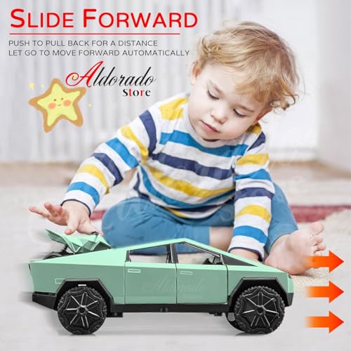 Image of 1:32 Tesla Cybertruck with Pickup Trailer Alloy Car Model Scale Diecast Metal Off-Road Vehicles Truck Model Sound and Light Kids (Green)