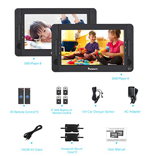NAVISKAUTO Portable DVD Player for Car with 10.1" Dual Screen, 5-Hour Rechargeable Battery, Supports Seperate Playing or Sync Playback (2 X DVD Player)