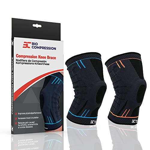 Bio Compression - Professional Knee Brace - Sports orthopedic knee brace with gel patellar pad and lateral stabilizers, knee support bandage to relieve joint pain stimulate circulation improve performance ideal for gym, running, basketball and workout (Orange, M)