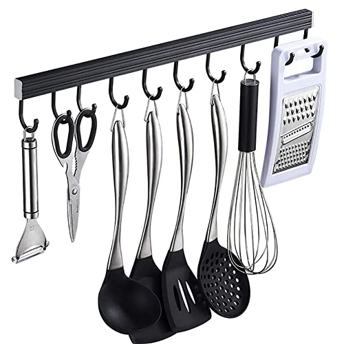 Letshop Hakenleiste Küchenhelfer Hängeleiste 30cm/6Hake - 80cm/16 Haken ohne Bohren,Selbstklebender Kleber,Aluminium,Schwarz Finish Cover