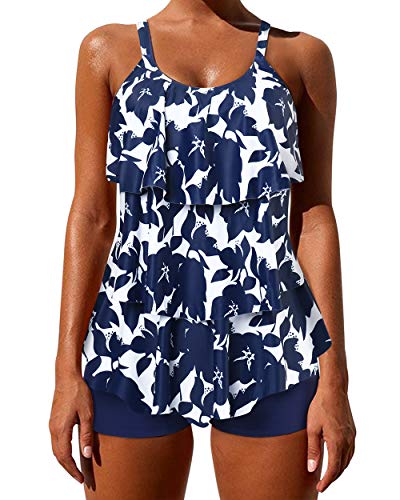 OMKAGI Women's Halter High Neck Tankini Bathing Suits Flounce Printed Swimsuits with Boyshorts(XL,Ruffled Floral-3)