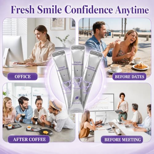 Image of Purple Mouthwash Whitening Sachets 40 Pack, Color Correcting Mouthwash - Peroxide & Alcohol Free, Freshens Therabreath, Oral Care Supports, Mint Flavor