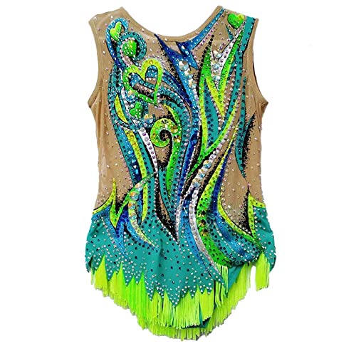 HGWBFB Body da Ginnastica Ritmica per Ragazze, Abbigliamento da Gara Senza Maniche Ad Alta Elasticità da Donna,Verde,8Years