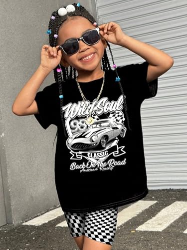 Image of WDIRARA Girl's 2 Piece Outfit Letter Car Graphic Tee Top with Plaid Checkered Biker Shorts Set