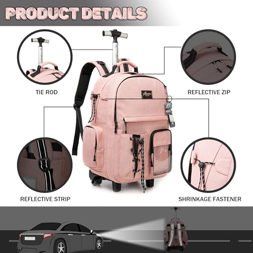 Rolling Backpack for Girls Backpack with Wheels with Lunch Box Set 3 in 1 Wheeled Backpacks for school Backpacks for Teens Girls Pink Schoolbag for Kids Back to School Supplies3