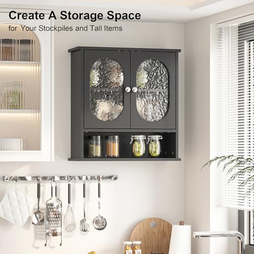 Armario de medicamentos para baño, 23x24 pulgadas, color negro, con 2 puertas acrílicas ovales, estante abierto, estilo moderno y ahorrador de espacio, para baño, cuarto de lavado o cocina miniatura 5