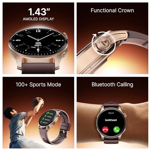 Image of Boat Ultima Prime smartwatch with 1.43 inch AMOLED Display, AOD, Personalized Fitness Nudges, Functional Crown,100+ Sports Modes, Create Your Own Watchface, smartwatch for Man and Woman (Royal Berry)