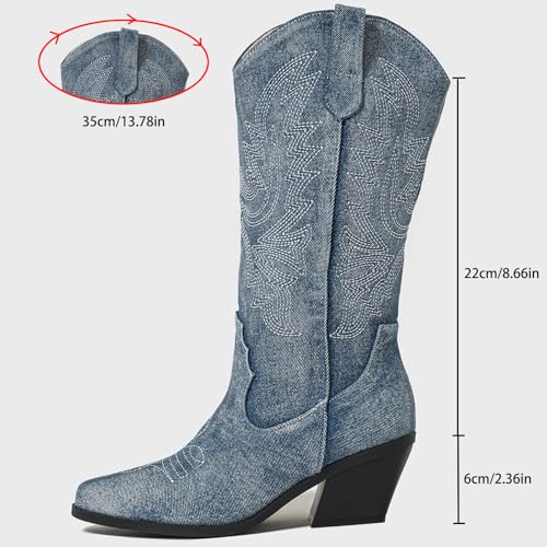 Women's Cloth Stacked Chunky Heel Western Cowgirl Knee-high Boots Retro Denim Rhinestones Embroidered Pointed Toe Pull on Block Heel Dress Mid Calf Boots for Party Dating4