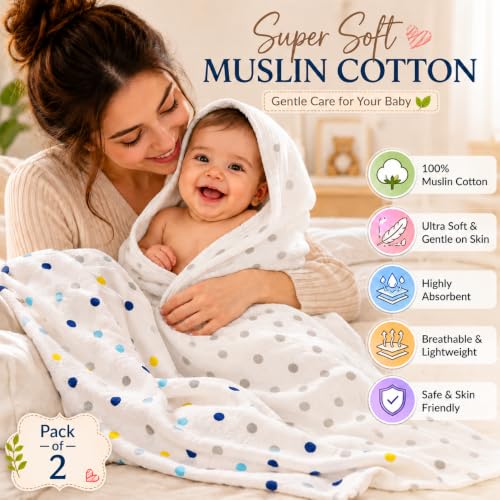 Image of Organic Cotton Muslin Pack of 2 Baby Bath Towel Cotton Cloth Premium Baby Washable, Reusable, Absorbent, Extra Soft 120 X 120 Cm Multi Dot & Grey Dot