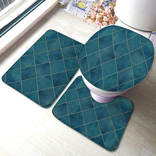 Badezimmerteppich-Set, 3-teilig, Aquarell, Argyle, abstraktes geometrisches Karomuster, nahtlos, waschbare Badeteppiche, rutschfest, mit Rückenpolster, Konturteppich und Toilettendeckelbezug