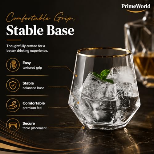Image of PrimeWorld Gold Rim Diamond European Crystal Whiskey Glasses Set of 6 pcs- 300 ml Bar Glass for Drinking Bourbon, Whisky, Scotch, Cocktails, Cognac- Old Fashioned Cocktail Tumblers
