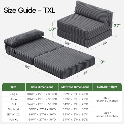 Image of Convertible 4-in-1 Folding Sofa Bed Boneless Sleeper Chair Couch Foldable Chaise Lounger & Mattress Pocket Coils+Foam Medium Support, Portable No Assembly for Living Room /Bedroom, Twin XL