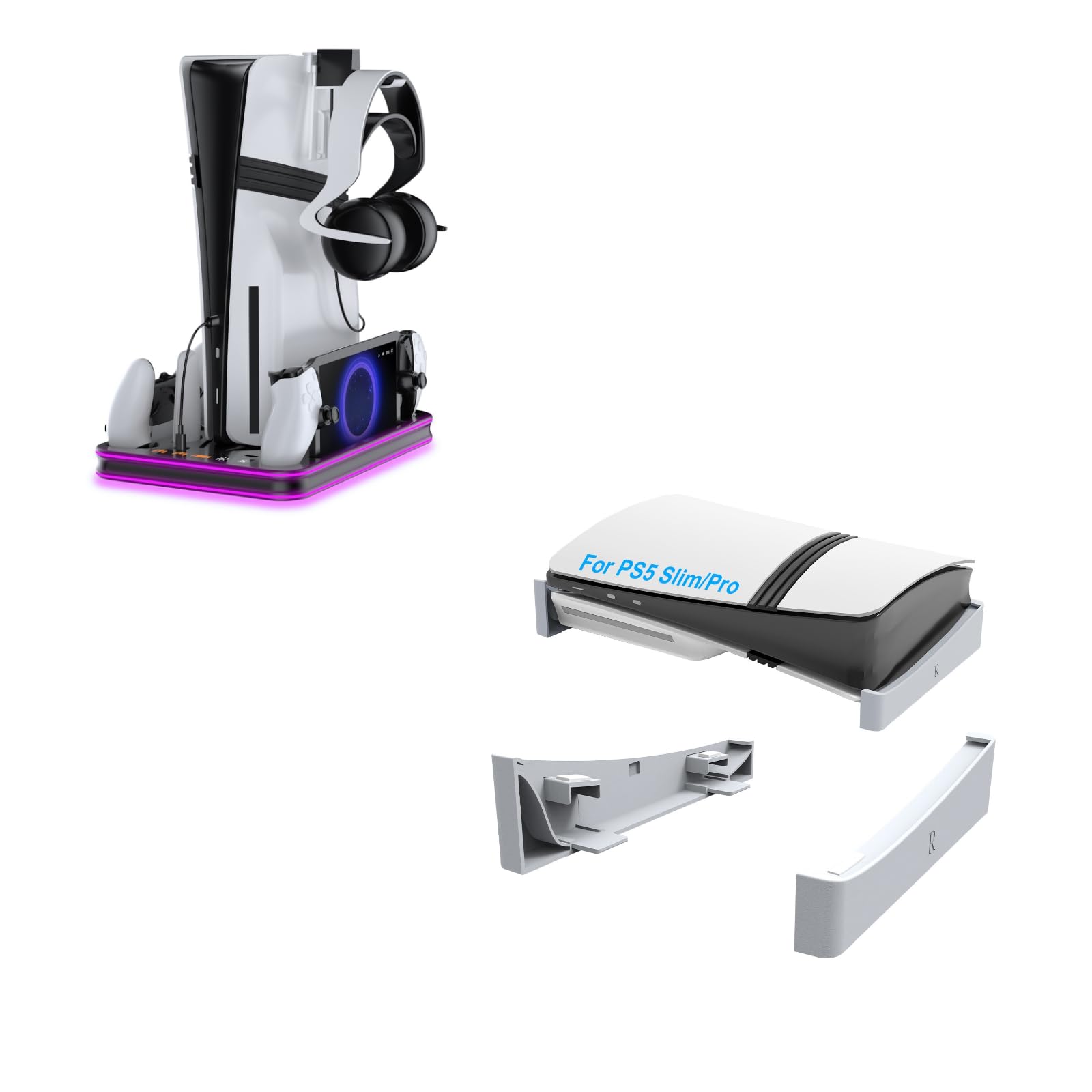 JDDWIN PS5 Pro / PS5 Slim/Stand and Cooling Station with LED Controller Charging Station PS5 Slim/Pro Horizontal Stand for Disc & Digital Editions Console