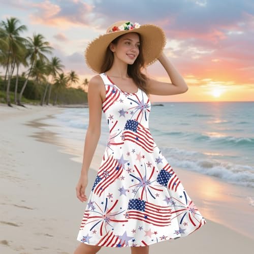 Image of Women's Casual Loose Sundress Midi Sleeveless Crewneck Dress Summer Beach Tank Dress with Pockets