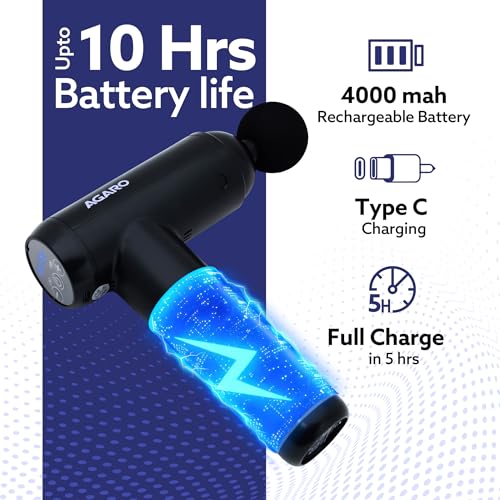 Image of AGARO Imperial Gun Massager | 99-Level Deep Tissue Handheld Massager | 4 Interchangeable Heads, Rechargeable, Relaxation of Neck, Shoulder, Back, Foot for Men & Women, Full Body Relief, Black