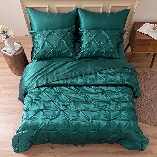 MR&HM Satin Comforter Twin 5 Pieces - Luxurious Pinch Pleat Bedding Set with Comforter, Flat Sheet, Fitted Sheet, Pillowcase & Sham, Super Silky Soft Bed Set for All Season (Twin, Peacock Green)